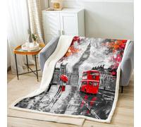 London Sherpa Blanket for Bed Sofa Couch Couples Soft Big Ben Fleece Throw BlanketGrey Red Double Decker Bus Pattern Plush Blanket Decorative Chic Paris Cityscape Fuzzy Blanket Street King 87"x95"