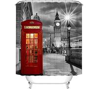 London Shower Curtain 180x180, 3D Red Phone Booth Shower Curtain Polyester Fabric Machine Washable Bathroom Curtain Anti-Mould Waterproof Bath Curtains with 12 Hooks