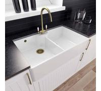 London Sink Company Butler 895 2-Bowl White Ceramic Kitchen Sink With Waste