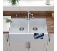 London Sink Company Lsc Butler 795 2-Bowl White Ceramic Kitchen Sink With Weir Overflow