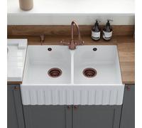 London Sink Company Lsc Fluted Butler 795 - 2-Bowl White Ceramic Sit-On Kitchen Sink With Waste & Overflow