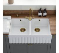 London Sink Company Lsc Fluted Butler 795 2-Bowl White Gloss Ceramic Kitchen Sink With Wastes & Overflows