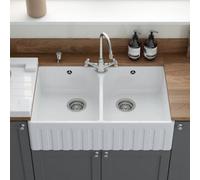 London Sink Company Lsc Fluted Butler 795 2-Bowl White Gloss Ceramic Kitchen Sink With Wastes & Overflows