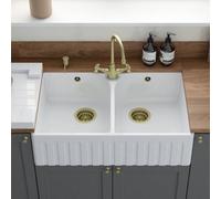 London Sink Company Lsc Fluted Butler 795mm 2-Bowl White Gloss Ceramic Butler Sink With Waste & Overflow