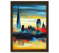 London Skyline Reflecting On River Thames Modern Oil Paint Artwork Framed Wall Art Print A4 Artery8 Brown One Size