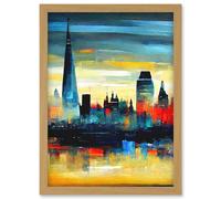 London Skyline Reflecting On River Thames Modern Oil Paint Artwork Framed Wall Art Print A4 Artery8 Light Oak One Size