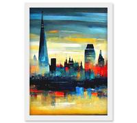London Skyline Reflecting On River Thames Modern Oil Paint Artwork Framed Wall Art Print A4 Artery8 White One Size