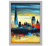 London Skyline Reflecting On River Thames Modern Oil Paint Artwork Framed Wall Art Print A4 Artery8 Light Grey One Size