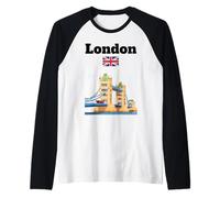London Souvenir Bridge Over River Thames Red Bus UK Flag Raglan Baseball Tee