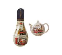London Souvenir Ceramic Kitchen Set - Includes Spoon Rest and Teapot-Shaped Tea Bag Holder - Featuring Big Ben, Red Bus, Telephone Booth & Queen’s Guard | British Travel Gift & Collectible Kitchenware
