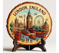 London Souvenir Plaque - Wood Slice Tabletop Gift Display, England Souvenir for Historic Landmark Lovers