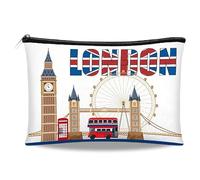 London Souvenirs Gift, British Themed Makeup Bag with White Linen Material, Vacation Trip Cosmetic Bag, Souvenir London Gifts, Waterproof Toiletry Pouch for Women Tourists