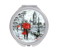 London Street Big Ben Couple With Red Umbrella Folding Make Up Mirror, Compact 2X/1X Magnification Mirror, Women Portable Travel Makeup Mirror 2.4 x 2.4 inch