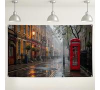 London Street Scene Backdrop, Vintage Rainy Day Photography Background, Red Telephone Booth Party Decorations for Events, Perfect for Fall and Winter Gatherings 71x43 Inch