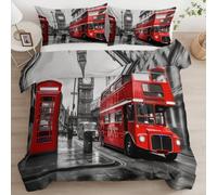 London Street Scene Single Duvet Cover Sets Red Bus Bedding Single Bed Set 3D Print Ultra Soft Microfiber Quilt Cover 155 x 220 with Zipper Closure and 2 Pillowcases K-1383