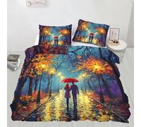 London Streets Bedding Set, Rainy Night Oil Painting Soft and Comfortable Microfiber Duvet Cover, Autumn Landscape Duvet Cover with Zipper + 2 Pillowcases (220x230cm)