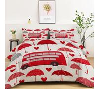 London Theme Coverless Duvet Queen Winter 7.5 Tog Printed Comforter, Double-Decker Bus Umbrella Heart Warm Bedding Quilt Set White Washable Lightweight Quilt Set 200 x 220 cm for Kids Girls Boys