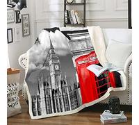 London Themed Fleece Throw Blanket Retro Telephone Booth Sherpa Blanket for Bed Sofa Cityscape Plush Blanket Modern Warm Fuzzy Blanket Double 60x79 Inch