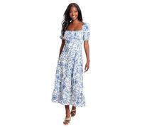 London Times Women's Dresses Square Neck Smocked Back Linen Blend Flattering Versatile Spring Summer Garden Party, Ivory/Navy, 14