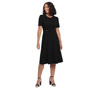 London Times Women's Knit Eyelet Short Sleeve Crepe Inset Waist Midi with Button Detail Dress, Black, 14