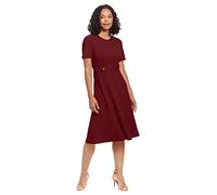 London Times Women's Knit Eyelet Short Sleeve Crepe Inset Waist Midi with Button Detail, Red Plum, 14