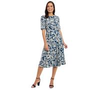 London Times Women's Midi A-line Elbow Sleeves-Fitted Waist Gathering Detail-Elegant Wedding Guest Dress Casual, Blue Opal/Stonewall, 8