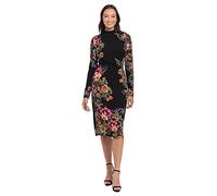London Times Women's Petite Mock Neck Midi Dress with Ruching, Black/Wine, 14