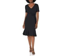 London Times Women's Petite's V-Neck Twist Midi with Flounce Dress, Black, 18