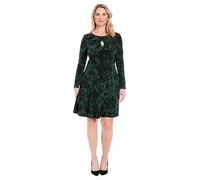 London Times Women's Pleated Neck Long Sleeve Fit and Flare Dresses, Emerald/Black, 16