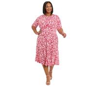 London Times Women's Printed Matte Jersey A-line Midi, Business, Casual Dress, Rose Red/Soft White, 22 Plus