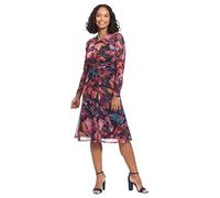 London Times Women's Twist Keyhole Neck Shirred Mesh Versatile Slimming Occasion Midi Dress, Navy/Rosebud, 14
