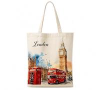 London Tote Bag, Reusable Canvas Bag for Shopping and Travel, 42x38cm | Canvas tote bag featuring a UK theme. Practical london souvenirs gifts and daily shopping accessory.