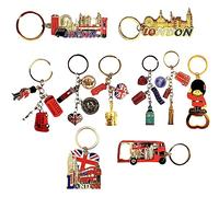 London Treasures Keychain Set - 10 Unique British-Inspired Charms with Union Jack & Bottle Opener - Elegant UK Souvenir Metal Key Rings -