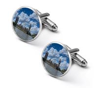 London View of Bridge with Thames River Shirt Cufflinks Round Cuff Links for Business Wedding Party Father's Day Gift 2.0cm