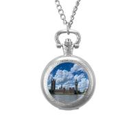 London View of Westminster Bridge with Thames River Vintage Pocket Watch Alloy Pendant Watches Necklace Gift for Men Women Silver-Style