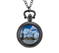 London View of Westminster Bridge with Thames River Vintage Pocket Watch Alloy Pendant Watches Necklace Gift for Men Women Black-Style