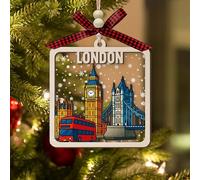 London Wooden Christmas Ornament, 2-Layer Wood and Acrylic Skyline Decoration with Big Ben- Tower Bridge and Red Double Decker Bus in Snowy Winter Scene, Holiday Souvenir Gift