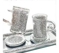 LondonMart Silver Crushed Diamond Crystal Filled Glass Mug Turkish Coffee Tea Cup and Saucer Set of 2 with Silver tray