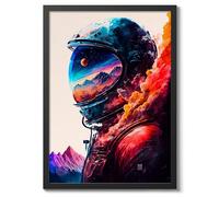 Lone Astronaut Space Poster, Colourful Abstract Astronomy Wall Art Home Decor, Astronaut Planets Print, Archival Matte, A3 (Black Frame) - 42x29.7cm
