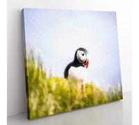 Lone Atlantic Puffin Modern Canvas Wall Art Print Ready to Hang, Framed Picture for Living Room Bedroom Home Office Décor, 35x35 cm (14x14 Inch)