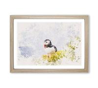 Lone Atlantic Puffin Watercolour Framed Print | A2 Oak Framed Wall Art | Ready to Hang | Modern Historical Picture | Living Room Bedroom Lounge Office