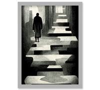 Lone Figure Abstract Monochrome Vintage Black White Artwork Framed Wall Art Print A4 Artery8 Light Grey One Size