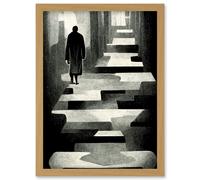 Lone Figure Abstract Monochrome Vintage Black White Artwork Framed Wall Art Print A4 Artery8 Light Oak One Size