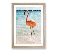 Lone Flamingo Painting Framed Print | A2 Oak Framed Wall Art | Ready to Hang | Modern Animal Picture | Living Room Bedroom Lounge Office