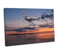 Lone RAF Spitfire Over Ocean Sunset Wall Art Framed Canvas Print WW2 Picture (14x20 Inch / 35x51cm)