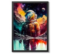 Lone Spaceman Space Poster, Colourful Abstract Astronomy Wall Art Home Decor, Astronaut Planets Print, Archival Matte, A4 (Black Frame) - 29.7x21cm