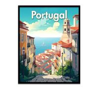 Lone Star Art Portuguese Panorama: 11x14 Poster - Descending Cobblestone Street, Coastal Sea View, and Architectural Grandeur - A Captivating Illustration and Drawing of Picturesque Portugal Scenery