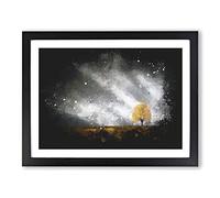 Lone Tree At Dusk Paint Splash Modern Art Framed Wall Art Print, Ready to Hang Picture for Living Room Bedroom Home Office Décor, Black A2 (64 x 46 cm)