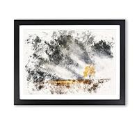 Lone Tree At Dusk Watercolour Modern Framed Wall Art Print, Ready to Hang Picture for Living Room Bedroom Home Office Décor, Black A2 (64 x 46 cm)