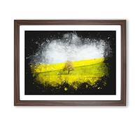 Lone Tree In A Yellow Meadow Paint Splash Modern Art Framed Print | A2 Walnut Framed Wall Art | Ready to Hang | Modern Floral Picture | Living Room Bedroom Lounge Office